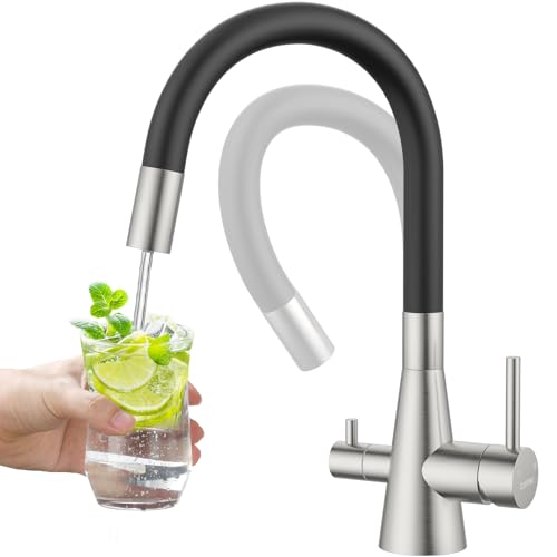 DAYONE 3 Wege Schwarz Wasserhahn Küche Flexibel, 3 in 1 Mischbatterie für Wasserfilter Osmose, 360° Drehbar Küchenarmatur Spültischarmatur mit Soft-Touch-Schlauch, Trinkwasserhahn mit Doppelhebel