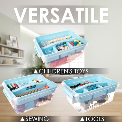 Image of 20 QT Plastic Storage Box with Removable Tray, Portable Craft Organizers and Storage Bins with Lid, Clear Art Storage Container for Organizing Sewing, Crayon, Tool, Playdoh (Blue)