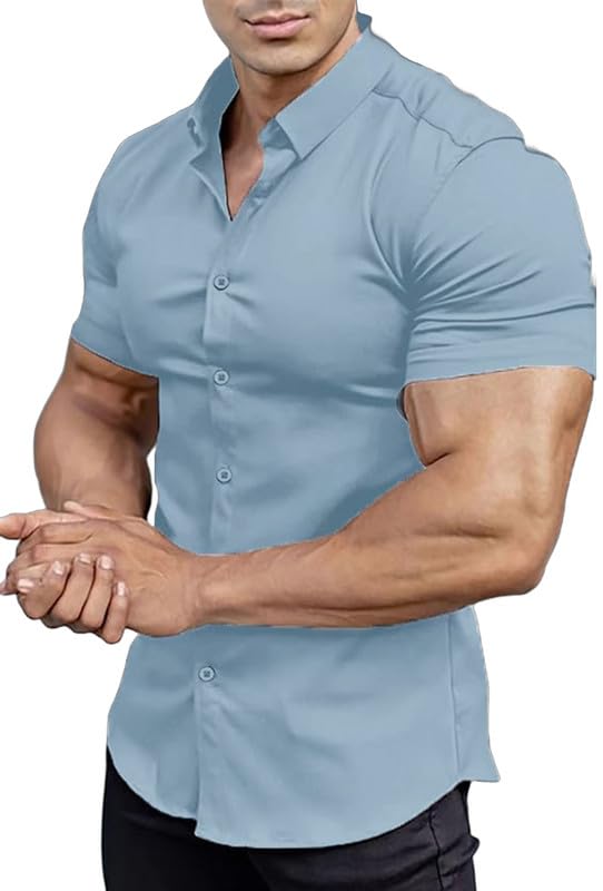 Men’s Muscle Fit Dress Shirts Athletic Slim Fit Short Sleeve Stretch Casual  Button Down Shirt