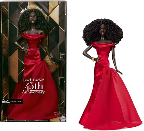 Barbie Signature Barbie negra de Kitty Black Perkins del 45.º aniversario Muñeca coleccionable con vestido rojo, rizos voluminosos y brazalete dorado, JBJ22