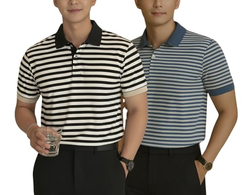 Image of MACK JONNEY Men's Cotton Polo T-Shirt | Regular Fit | Short Sleeve | Striped Casual Wear | Pack of 2 -MJ-1
