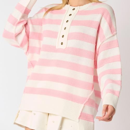 Women's Y2k Preppy Striped Sweater Drop Shoulder Long Sleeve Round Neck Button-up Oversized Pullover Tops3