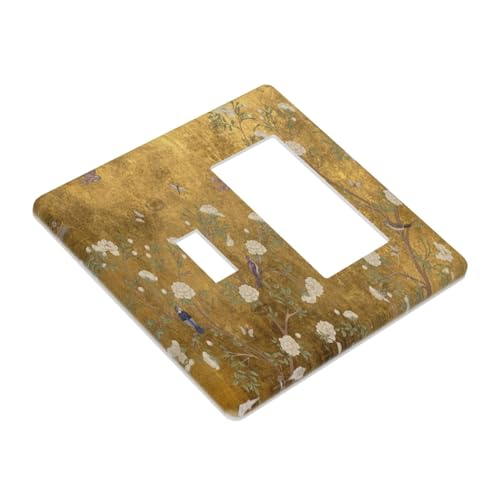 Decorative Outlet Covers Vintage White Flowers Birds on Golden Background 2 Gang Outlet Cover Wall Plate Single Toggle Rocker Light Switch Cover Plate Switch Plate Covers