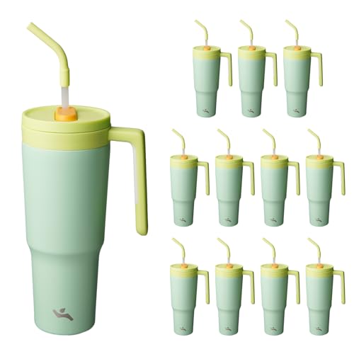 Image of Konokyo 12 Pack 40 Oz Tumblers with Handle and Straw, Bulk Vacuum Insulated Stainless Steel Travel Mugs with Lids for Office, Events and Group Orders Lime