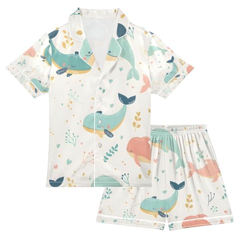 senya Cute Whale on Leaves Satin Summer Pajama Sets Silk Short Sleeve Button Down Sleepwear