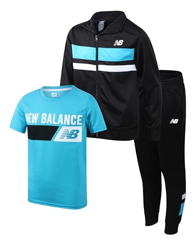 New Balance Boys Sweat Suit Set - 3 Piece Short Sleeve Graphic Tee, Zip Up Jacket, Tricot Jogger Sweatpants for Boys (2T-16), Size 10, Black