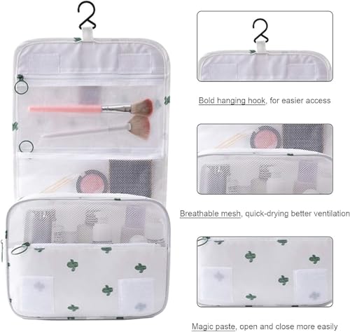 Image of Travel Toiletry Bag with Hanging Hook, Waterproof Cosmetic Organizer Pouch, Foldable Makeup Storage Case with Mesh & Transparent Compartments, Portable Travel Accessories Bag (White White)