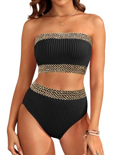 Daci High Waisted Bandeau Bikini Set - Women Strapless Two Piece Swimsuits Ribbed Full Coverage Bathing Suits Swimwear