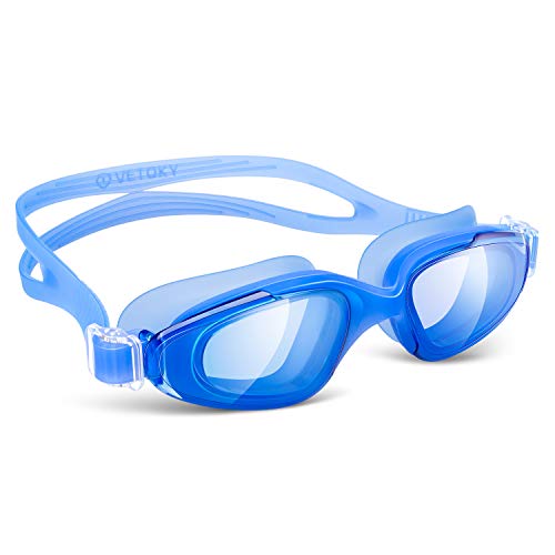 vetoky Kids Swim Goggles Wide Vision Swimming Goggles with Nose Clips+Ear Plugs,Anti Fog Swimming Goggles UV Protection Mirrored (Blue)