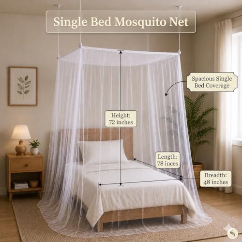Image of Single Bed Mosquito Net 4x6.5 Feet | Hanging Mosquito Net for Single Bed | Fine Mesh Protection Net for Adults & Kids | Easy Installation | White