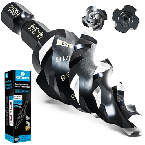Boyouys STEP-M2 M35 Four Spiral Flute Step Drill Bit Set 1/4 Inch-3/4 Inch (9 Sizes), 1/4 Inch Hex Shank Unibit Step Drill Bit, Impact Resistant M35 Cobalt Step Drill Bit, For Stainless Steel cover