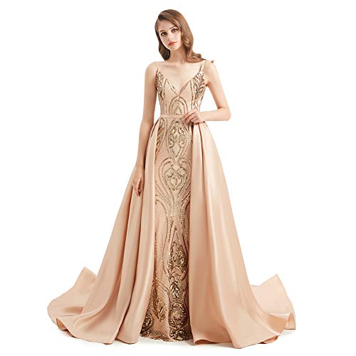 Leyidress Sexy V Neck Sequin Mermaid Evening Dresses Detachable Train Trumpet Prom Party Dresses Champagne Celebrity Pageant Gown 2