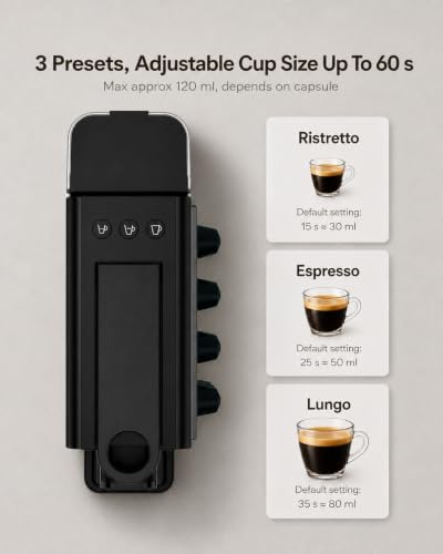 Image of Capsule Coffee Machine Compatible with Nespresso OriginalLine - 20 BAR Pump, 3 Cup Sizes, Fast Heat-Up, Adjustable Tray & Detachable Magnetic Pod Holder, Compact Design with Auto Shut-Off