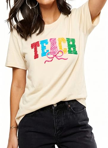 Image of Teacher Shirts Women Teach Print Graphic Tees Kindergarten Elementary Teaching Life Shirts Back to School Tees Tops