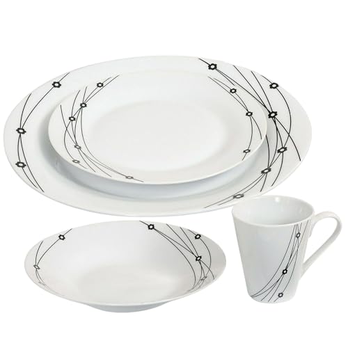 Reldor 16-Piece Round Porcelain Dinner Set for 4– 4 Dinner Plates and Bowls Set with 4 Side Plates & Mugs, Dishwasher Safe, Highly Resistant Dinnerware, Kitchen & Dining, Black Pattern