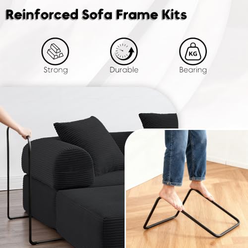 Image of L-Shape Modular Sectional Sofa Bed, Corduroy Boneless Couch, Black