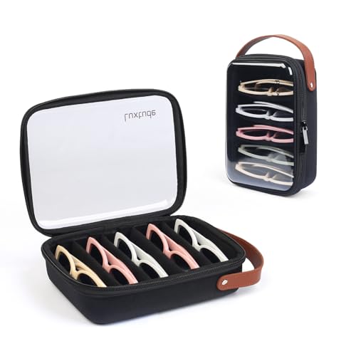 Luxtude Travel Sunglasses Organizer Case for Women Men Glasses Case Multiple Pairs with Adjustable Slots Hard Shell Sunglass Storage Cases Clear Eyeglass Organizer for Multiple Glasses Black