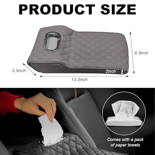 SHMZK Car Center Console Cushion Pad, Comfy Leather Foam Car Armrest Console with Tissue Box, Universal Waterproof Car Armrest Cover with Height Increase, Car Armrest Accessories (Gray)