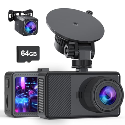 Dash Cam Front and Rear, 2.5K+1080P Dual Dash Camera for Cars, 2’’ Display Mini Car Camera, G-Sensor Dashcam, Night Vision, 24H Parking Mode, Loop Recording, 170°Wide Angle, 64GB Card Included, Black