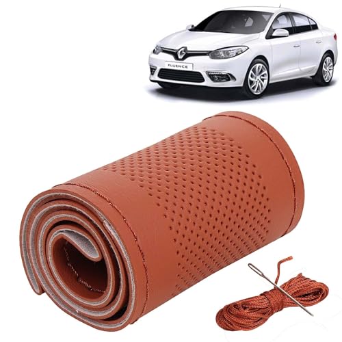 Image of KINGSWAY PU Leatherite Car Steering Cover Sewable Compatible with Renault Fluence (Year 2012 Onwards), Tan Color with Tan Thread, Pack of 1 with Sewing Needle and Thread