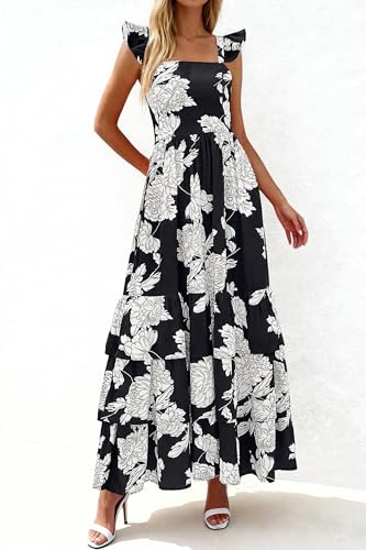 dowerme Women Summer Ruffle Straps Smocked A-Line Boho Floral Maxi Dress - image 5