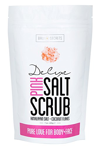 Deluxe Himalayan Pink Salt Scrub - Vegan - With Coconut Flakes + Kaolin Clay - All Premium Natural Ingredients - Exfoliate + Cleanse + Nourish - Pure Love For Body & Face