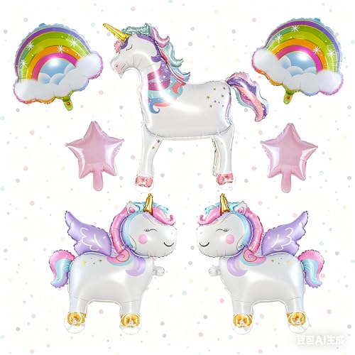 Globos grandes de papel de aluminio de unicornio caminando con ruedas para fiesta de cumpleaños de niñas, globos de estrella arcoíris, suministros de fiesta (7 piezas)