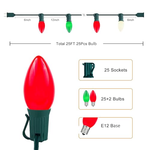 Image of 25FT C7 Christmas Lights Outdoor, Red Green White 3-Color LED String Lights for Roof, Fence, Tree, Wedding, Party, Patio, Bright Holiday Decor