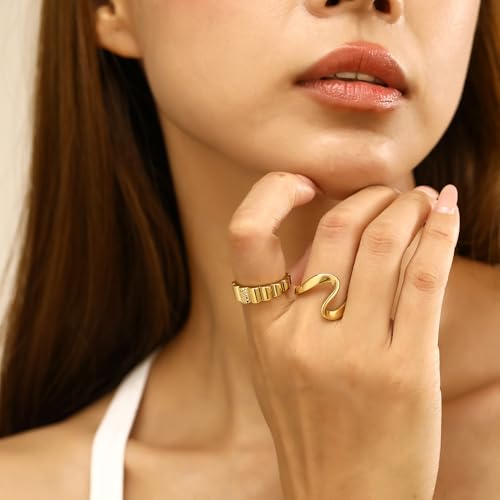 wgoud 6PCS Dome Chunky Gold Rings for Women Waterproof, 14K Gold Plated Braided Twisted Stackable Signet Rings, Adjustable Open Ring Band Statement Jewelry Gift3