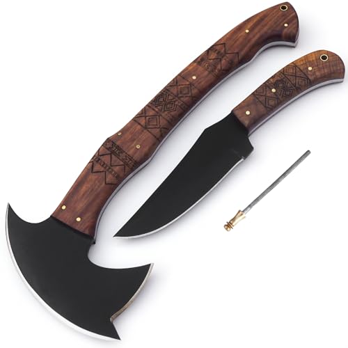 Hand Forged Tomahawk Throwing Axe and Bushcraft Knife Set, Heavy Duty Carbon Steel Tomahawk Throwing Axe and Bushcraft Knife Set with Leather Sheath, Perfect Combo for Outdoorsmen (EL31)