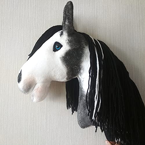 Hobby horse pinto black and white with blue eyes | Hobby horse on a stick with bridle