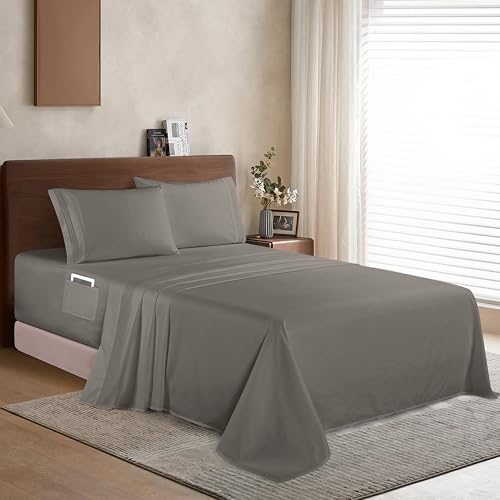 Elegant Comfort Luxury 1500 Premium Hotel Quality Microfiber 4-Piece Sheet Set - Soft, All Around Elastic 18-24 Inches Deep Fitted Sheet - Extra Deep Pocket Sheets, Twin/Twin XL, Grey