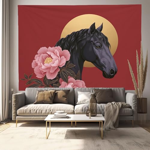 Tapiz grande de tela roja con peonía oriental y caballo de 230x150 cm para decoración mural 2