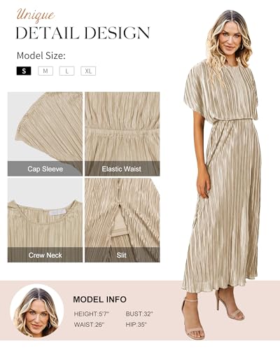 Image of ECOWISH Women Maxi Dresses Cocktail Party Wedding Guest Formal Pleated Long Dress Short Sleeve Slit Empire Waist Evening Gown