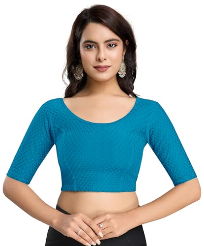 Image of TRENDMALLS Women's Dobby Pure Cotton Elastin Stretchable Readymade Round Neck Elbow Length Sleeves Blouse Choli Stylish Saree Blouse Ready to Wear
