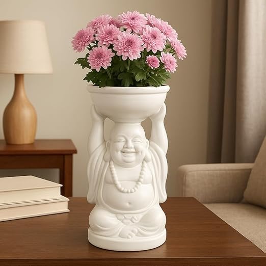 Elegant White Buddha Planter Pot for Home & Office Décor | Premium Plastic Look | Indoor Outdoor Succulent & Flower Pot | Spiritual Laughing Buddha Design(Good Lack Buddha White.) 140-image-9