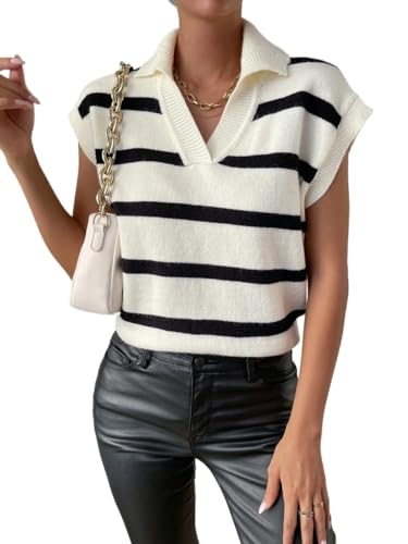 Womens Sweater Vest Striped Pattern Batwing Sleeve Sweater Vest Pullover Top