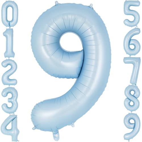 Image of Light Blue Number 9 Balloon, 40 Inch Big Large Foil Number Balloons, Giant Mylar Number 9 Balloons for 9 Year old Birthday Baby Party Decorations Supplies Anniversary
