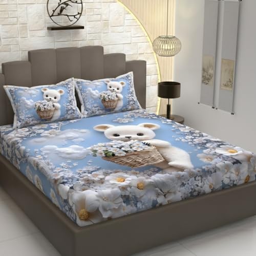Image of Premium 7D Printed King Size Bedsheet Set with Pillow Covers Soft Cotton Blend Double Bedsheet for Home (Pillow Covers :18x28 inches Bedsheet :90x100 Blue,White)
