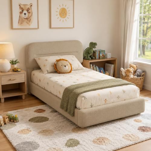 HOMBCK Twin Boucle Bed Frame,Beige Twin Upholstered Bed Frame | Low profile design with Adjustable...