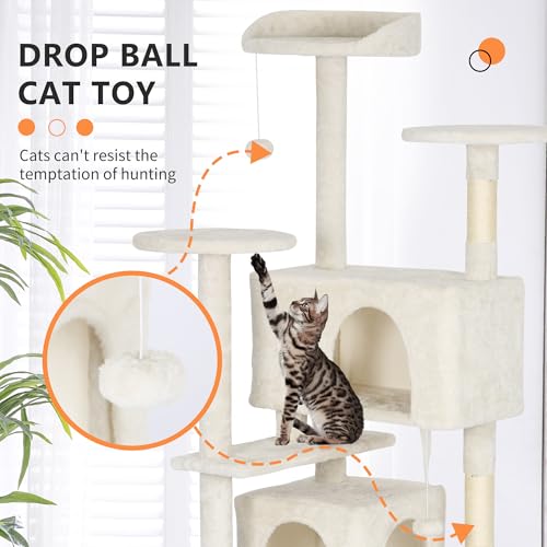Image of BestPet | 62 inch Cat Tree Tower | Beige | Sturdy Multi-Level Cat Tree