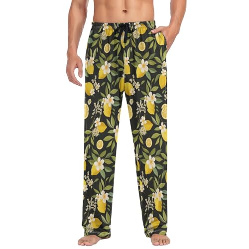 Men’s Lemon Flower Pajama Pants with Pockets, Comfortable Lounge Sleep Bottoms#9313