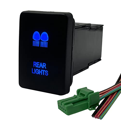 Image of Blue Led Rear Lights Push Button Switch for Toyota Sequoia Highlander Landcruiser Tacoma 4Runner Highlander 3Amp 12V Illuminated ON-Off SPST Button Switch with Wiring Connector