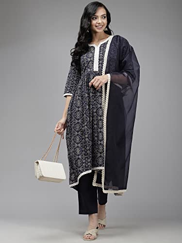 Image of INDO ERA Women's Cotton Blend Bandhni Flared Kurta Palazzo With Dupatta Set (KH0NB4085)