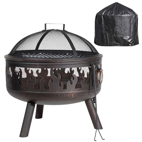 Dellonda Deluxe 24" Fire Pit, Fireplace, Outdoor Patio Heater, Decoration Rings, Supplied with Cooking Grill, Safety Screen, Poker & Cover - DG242