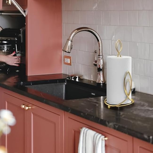 Candle Shaped Paper Towel Holder, Countertop-Decorative Farmhouse Tissue Paper roll Holder, Rustic Metal Modern Stand for Kitchen Bathroom Rest Room (Brass)