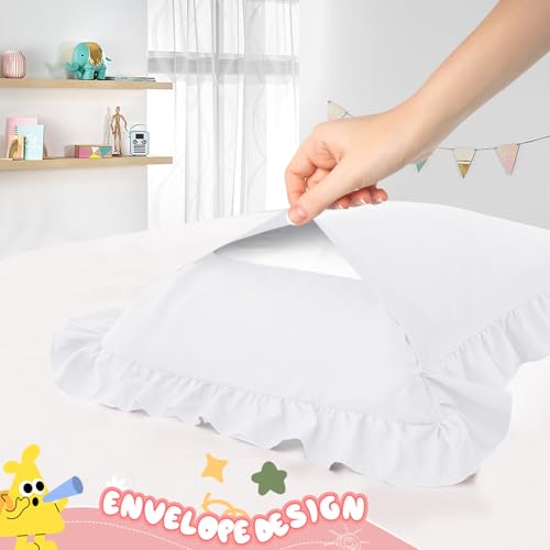 Image of 13 inchx18 inch Toddler Pillow Cases Set of 2, White & Pink Ruffled Pillow Shams Brushed Microfiber Nursery Pillow Cover for Boys Girls, Soft Breathable Machine Washable
