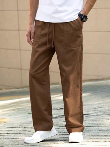 Image of Linen Pant for man | Loose Fit Trouser for Men | Elastic Waist with Drawstring | Perfect for Casual Wear | Lightweight Breathable Fabric | Straight Fit & Side Pocket