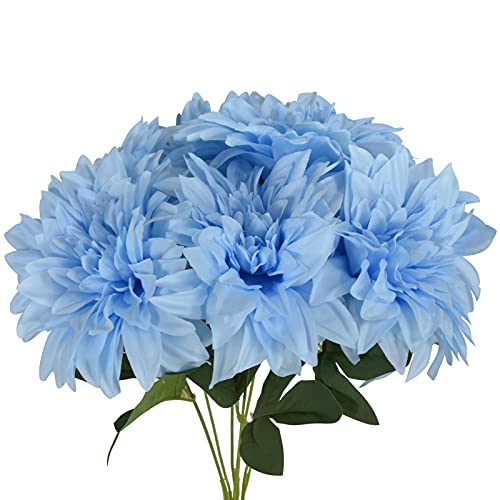 Lacomfy Artificial Dahlias Flowers Bouquet 7 Heads Fake Spring Dahlia Faux Flowers for Wedding Party Bridal Shower Craft Bouquets Centerpieces Home Office DIY Desk Decoration Pack of 1, Sky Blue — view 3
