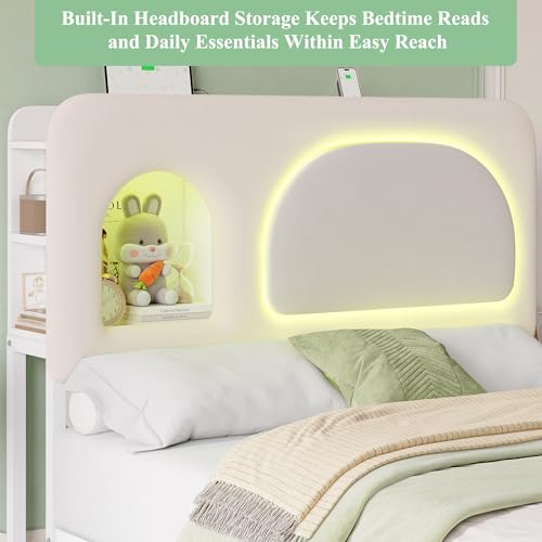 Image of Keyluv Full Size LED Bed Frame with Storage Bookcase Headboard, Charging Station, Velvet Upholstered Platform Bed with 2 Drawers & USB Ports, Sturdy Metal Support, No Box Spring Required, Beige
